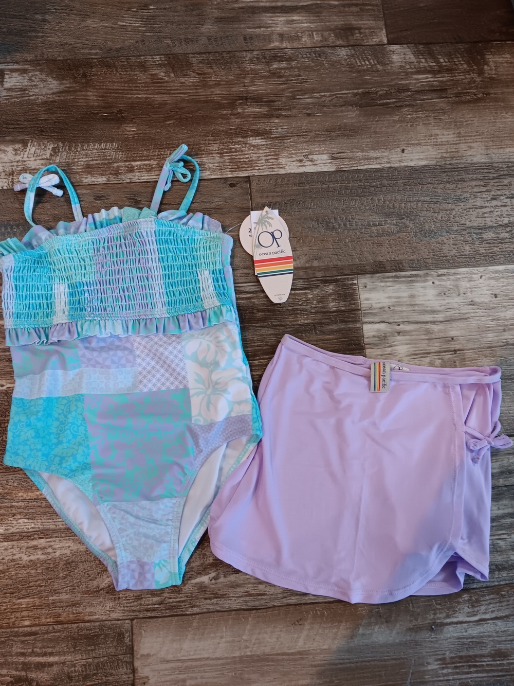 OP Aqua, Mint & Lavender Patchwork One-Piece with Lavender Swim Skirt Size 5
